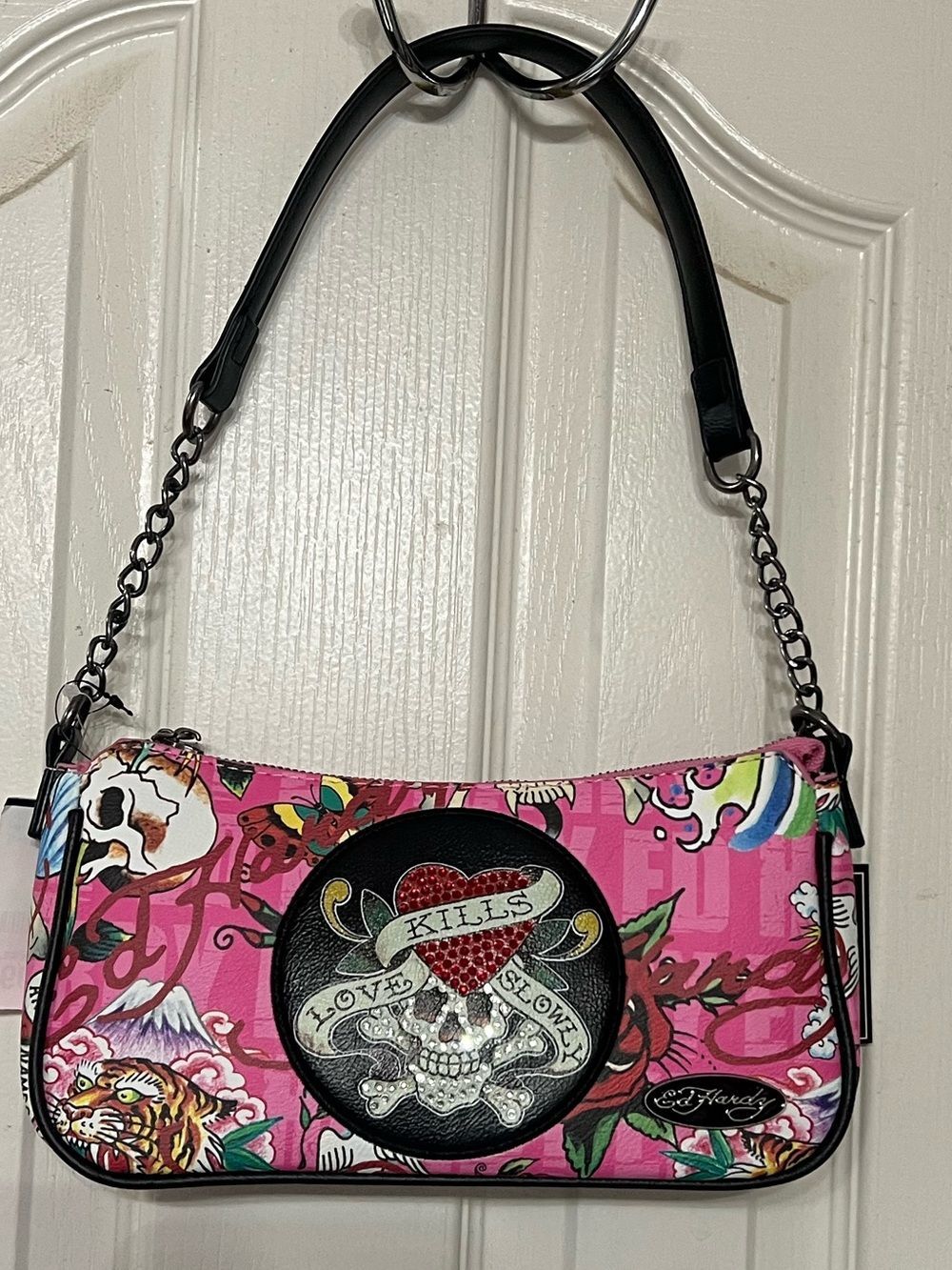 Ed Hardy Love Kills Slowly Pink Shoulder Bag NWT Y2K Skull Purse 10x5x2in - Picture 2 of 11